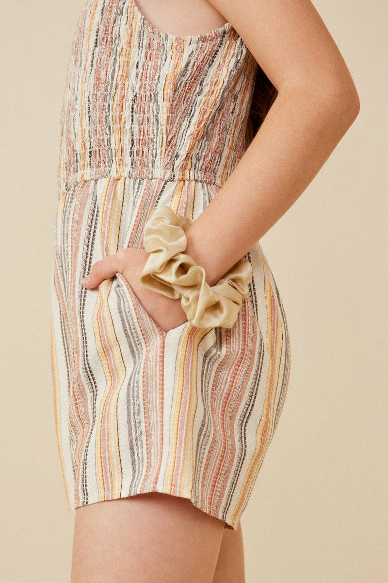 Girls Textured Stripe Ruffle Strap Smocked Romper