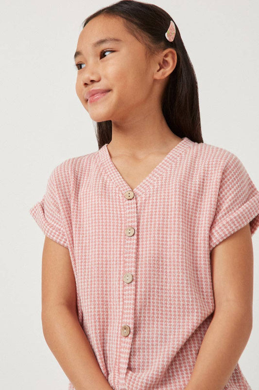 Girls Textured Knit Buttoned Twist Front Top