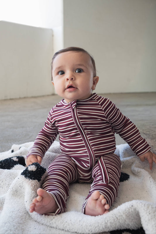 Bamboo Zip Pajamas | Maroon Stripe