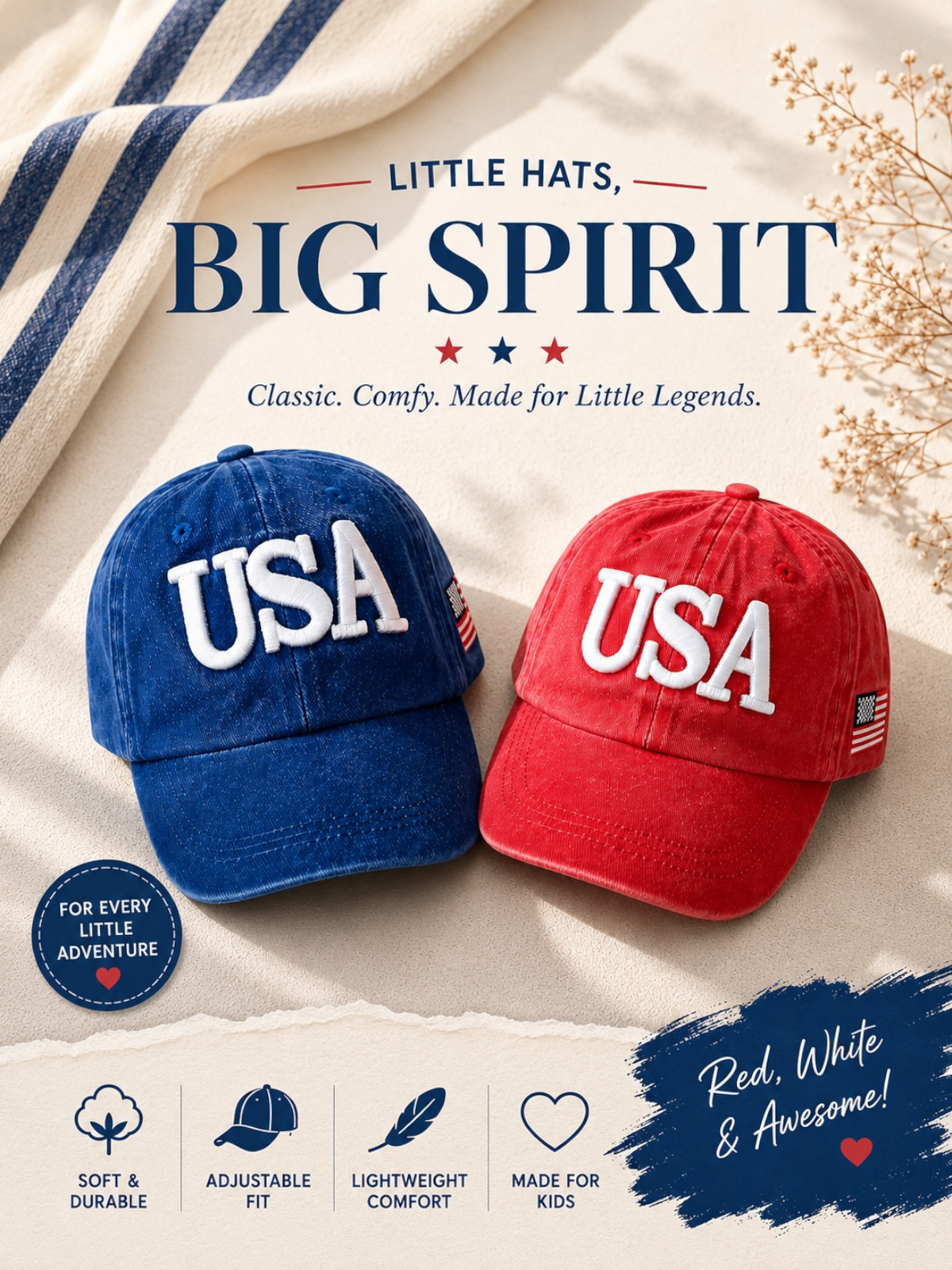 USA Kids Baseball Hat, Vintage Blue