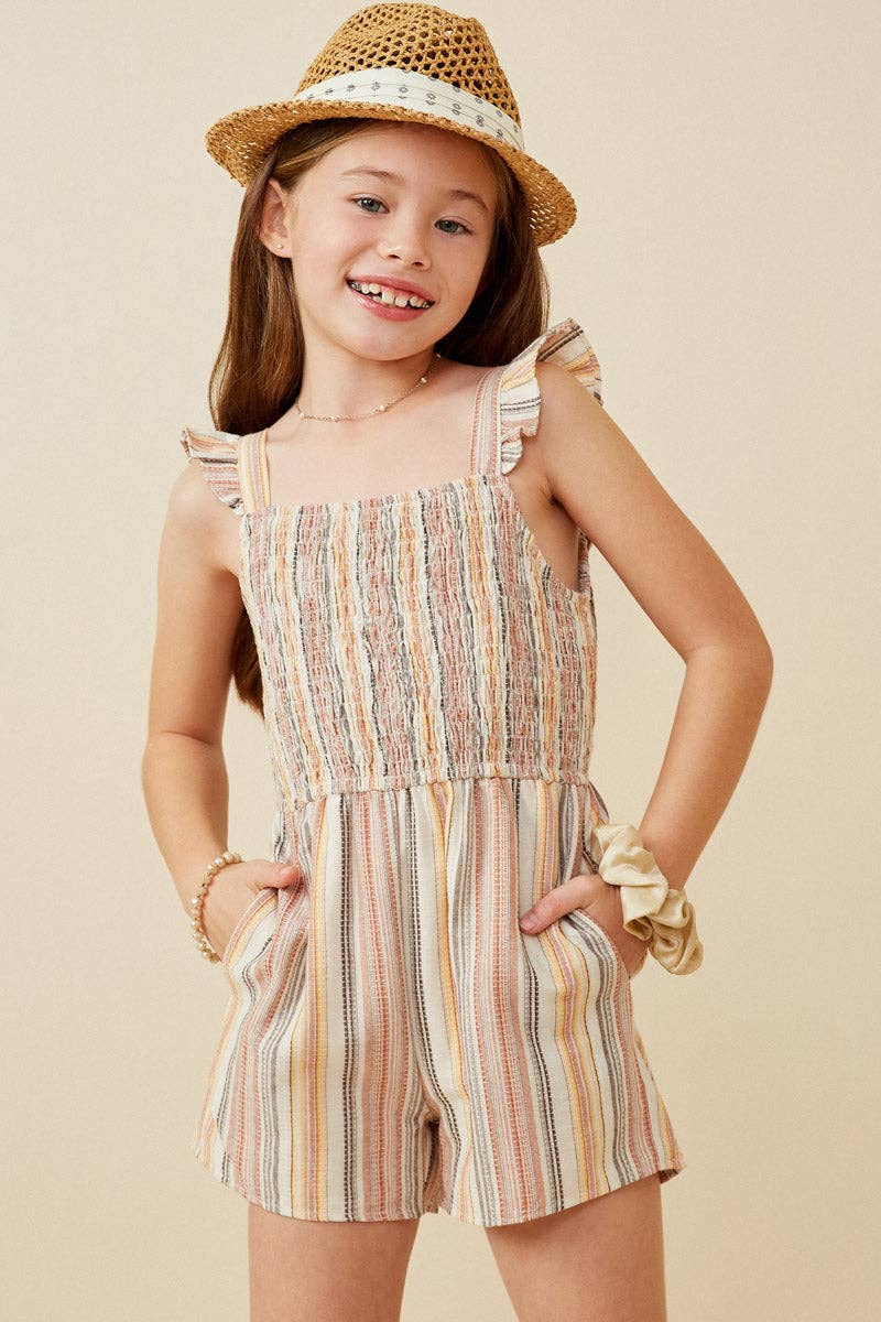Girls Textured Stripe Ruffle Strap Smocked Romper