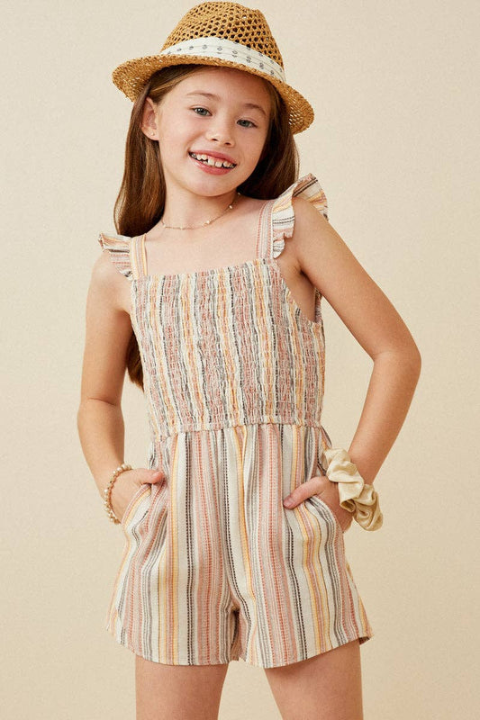 Girls Textured Stripe Ruffle Strap Smocked Romper