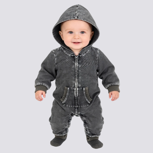 Black Mineral Wash Hooded Fleece Romper