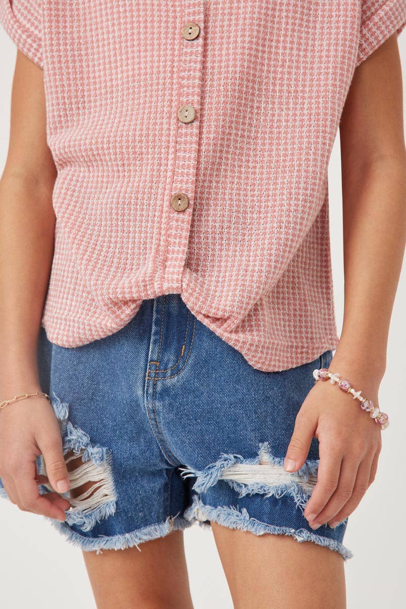 Girls Textured Knit Buttoned Twist Front Top