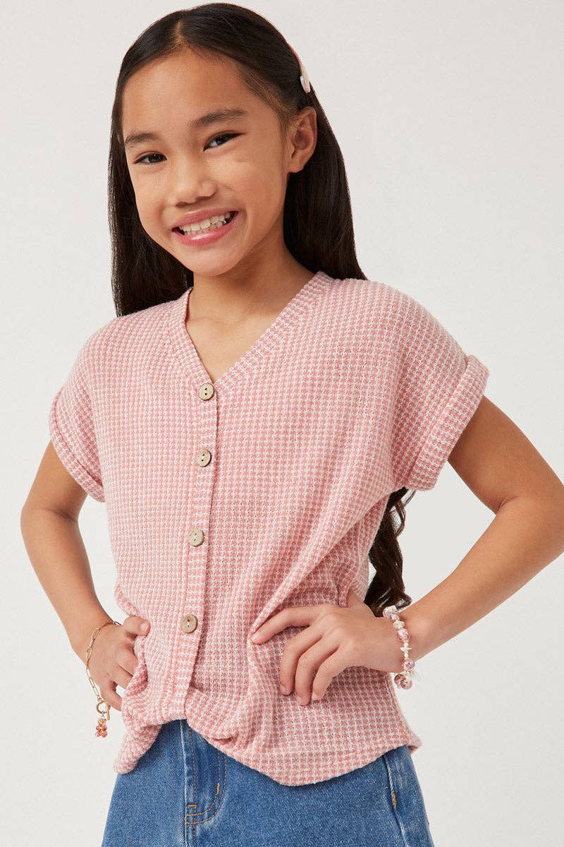 Girls Textured Knit Buttoned Twist Front Top