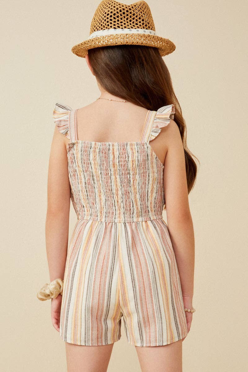 Girls Textured Stripe Ruffle Strap Smocked Romper