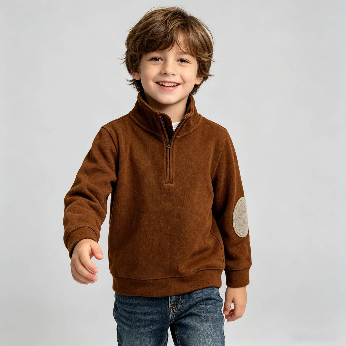 Brown Elbow Patch Half-Zip Sweatshirt