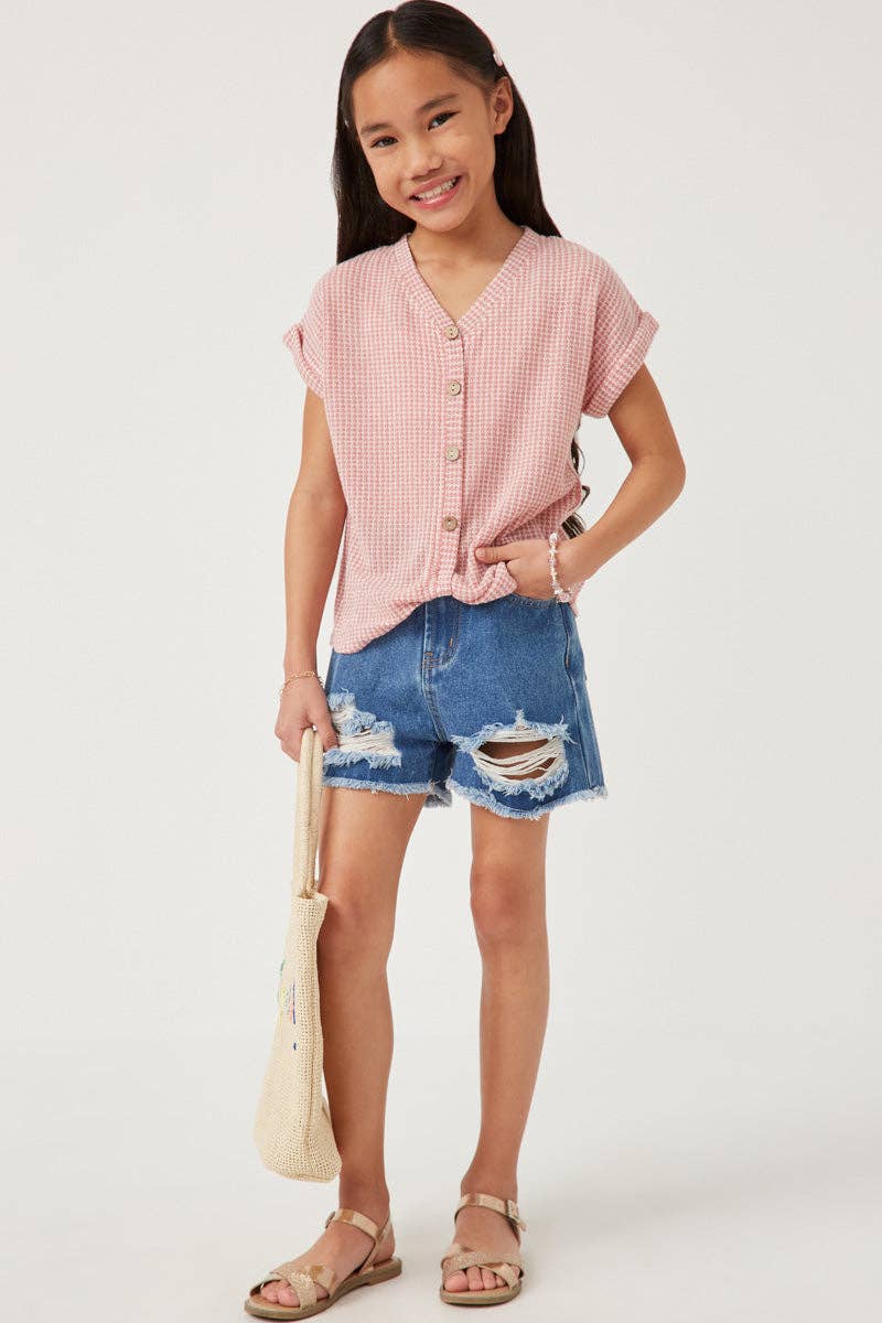 Girls Textured Knit Buttoned Twist Front Top